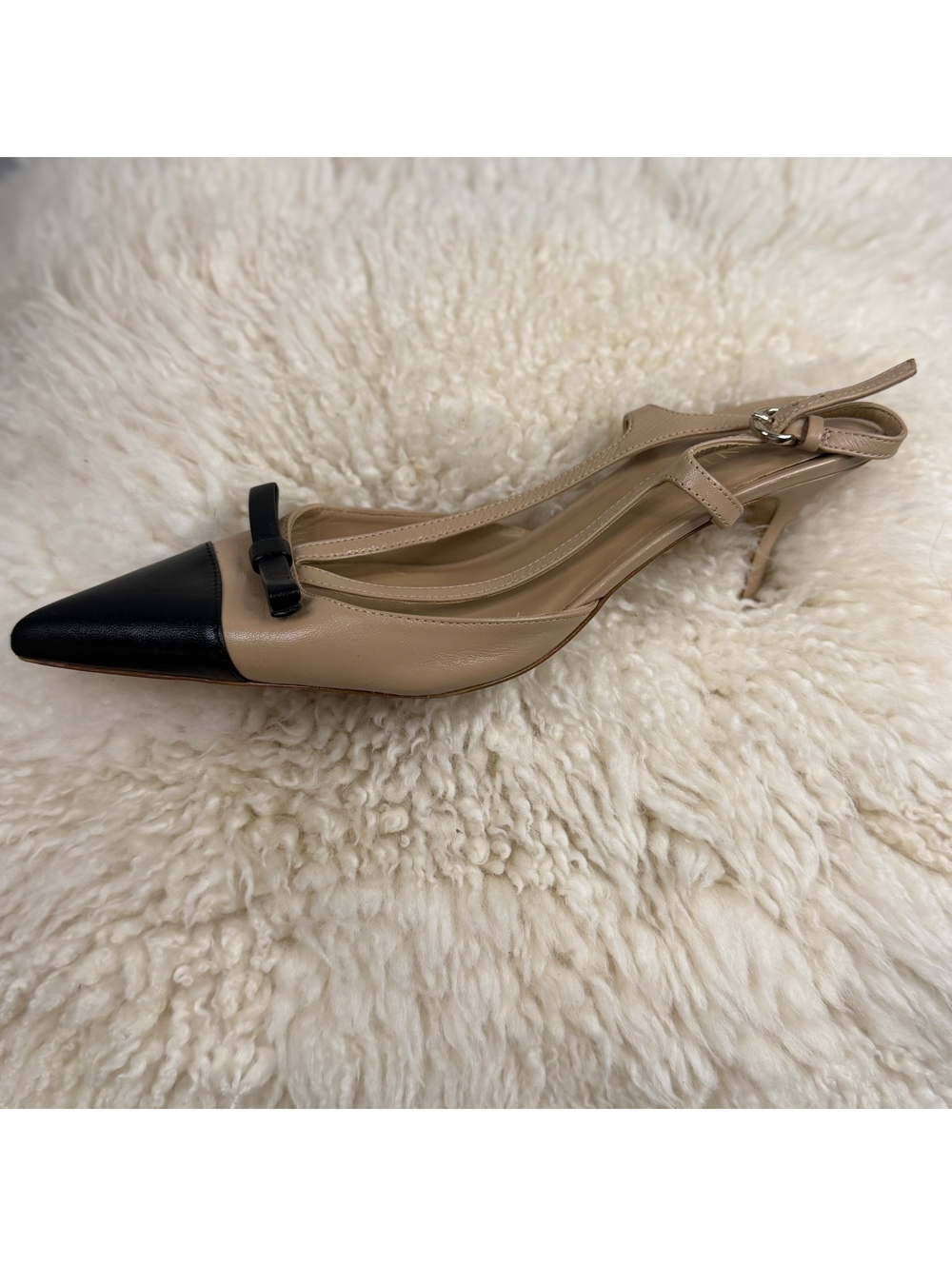 LK Bennett Two-Tone Beige and Black Pointed Slingback Heels with Bow